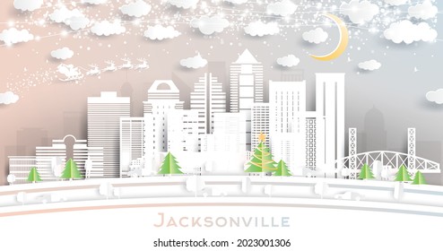 Jacksonville Florida City Skyline In Paper Cut Style With Snowflakes, Moon And Neon Garland. Vector Illustration. Christmas And New Year Concept. Santa Claus On Sleigh. Jacksonville USA Cityscape.