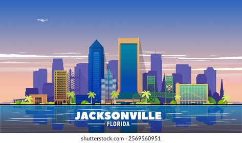 Jacksonville, Florida skyline with a city panorama against the backdrop of the evening sky. Vector illustration. Business travel and tourism concept with modern buildings.