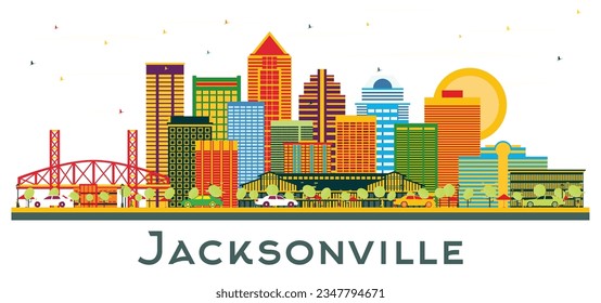 Jacksonville Florida Skyline mit Colour Buildings einzeln auf Weiß. Vektorgrafik. Business Travel and Tourism Konzept mit moderner Architektur. Jacksonville City mit Sehenswürdigkeiten.