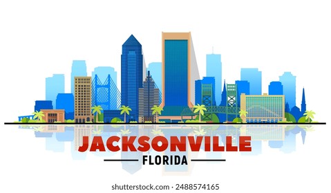 Jacksonville Florida Skyline mit Panorama in weißem Hintergrund. Vektorillustration. Geschäftsreise- und Tourismuskonzept mit modernen Gebäuden. Bild für Präsentation, Banner, Website.