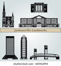 Jacksonville landmarks and monuments isolated on blue background in editable vector file