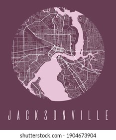 Jacksonville map poster. Decorative design street map of Jacksonville city. Cityscape aria panorama silhouette aerial view, typography style. Land, river, highways. Round circular vector illustration.