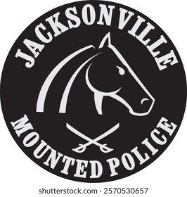 "JACKSONVILLE MOUNTED POLICE" written around the edge. In the center, there's a stylized horse's head with crossed riding crops below it. The logo represents the mounted police unit of Jacksonville.