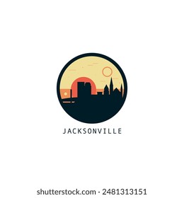 Jacksonville skyline, downtown panorama logo, logotype. USA, Florida state round badge contour, isolated vector vintage pictogram with monuments, landmarks