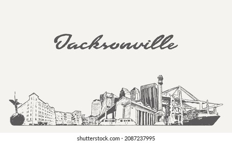 Skyline von Jacksonville, Florida, USA, handgezeichnete Vektorgrafik, Skizze