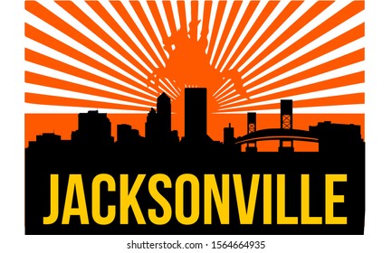 Jacksonville skyline silhouette background, vector illustration and flag in background