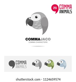 Jaco parrot bird concept icon set and modern brand identity logo template and app symbol based on comma sign