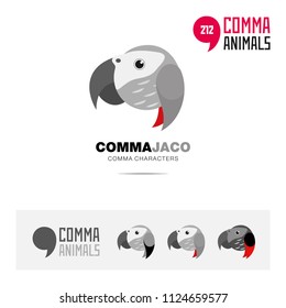 Jaco parrot bird concept icon set and modern brand identity logo template and app symbol based on comma sign