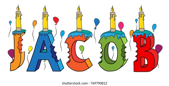 Jacob first name bitten colorful 3d lettering birthday cake with candles and balloons.