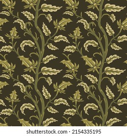 Jacobean embroidery floral seamless camouflage pattern. Fantasy baroque olive print with leaves and branches. Hand drawn army green oriental tiles. Indian vector textile with paisley motif