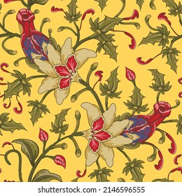 Jacobean embroidery floral seamless pattern. Fantasy baroque yellow print with leaves and red tulip flowers. Hand drawn oriental tiles. Vector laced decorative background. Floral textile.