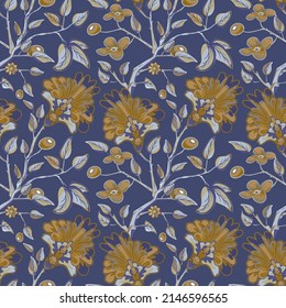 Patrón carente de costuras florales en bordado jacobino. Fantasía barroca estampado azul con hojas y flores marrones. Baldosas orientales dibujadas a mano. Fondo decorativo encajado en vectores. Textil floral.