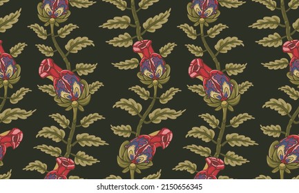 Jacobohnenstickerei florales nahtloses Muster. Fantasy Barock Olivendruck mit Blättern und roten Tulpenblumen. Handgezeichnete armanische orientalische Fliesen. Vektorlacke, dekorativer Hintergrund. Blumentextilien.