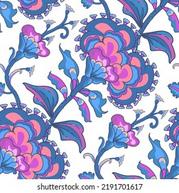 Jacobean embroidery floral seamless pattern. Fantasy baroque print with leaves and flowers. Hand drawn blue and pink oriental tiles. Vector laced decorative background. Floral textile.