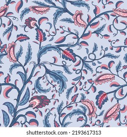 Jacobean embroidery floral seamless pattern. Fantasy baroque print with blue leaves and red flowers. Hand drawn oriental tiles. Vector laced decorative background. Floral textile.