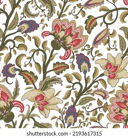 Jacobean embroidery floral seamless pattern. Fantasy baroque print with olive leaves and red tulip flowers. Hand drawn oriental tiles. Vector laced decorative background. Floral textile.