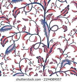 Jacobean embroidery floral seamless pattern. Fantasy baroque print with red leaves and blue flowers. Hand drawn oriental tiles. Vector laced decorative background. Floral textile.