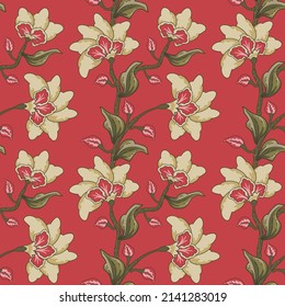 Borde jacobino de estampado floral sin costuras.Fantasía de estampado rojo barroco con hojas y tulipanes amarillos. Baldosas orientales dibujadas a mano. Fondo decorativo encajado en vectores. Textil floral.