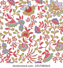 Jacobean floral block print repeat pattern flower pattern,Antique Arabesque Ornament Seamless Pattern, Vintage Charm on summer christmas red floral  background.