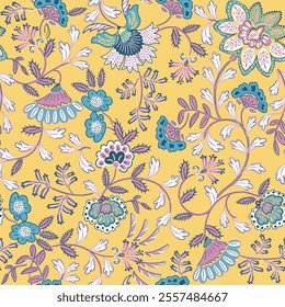 Jacobean floral block print repeat pattern flower pattern,Antique Arabesque Ornament Seamless Pattern, Vintage Charm on yellow background.