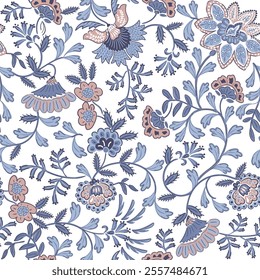 Jacobean floral block print repeat pattern flower pattern,Antique Arabesque Ornament Seamless Pattern, Vintage Charm on summer blue floral  background.