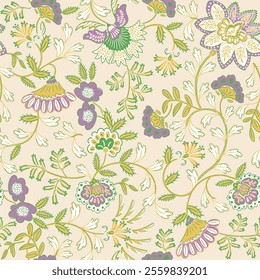 Jacobean floral block print repeat pattern flower pattern,Antique Arabesque Ornament Seamless Pattern, Vintage Charm on half white background.