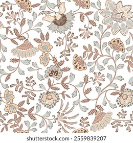 Jacobean floral block print repeat pattern flower pattern,Antique Arabesque Ornament Seamless Pattern, Vintage Charm on beige floral  background.