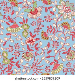 Jacobean floral block print repeat pattern flower pattern,Antique Arabesque Ornament Seamless Pattern, Vintage Charm on summer red floral blue background.