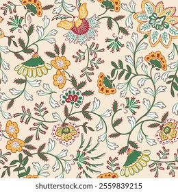 Jacobean floral block print repeat pattern flower pattern,Antique Arabesque Ornament Seamless Pattern, Vintage Charm on cream background.