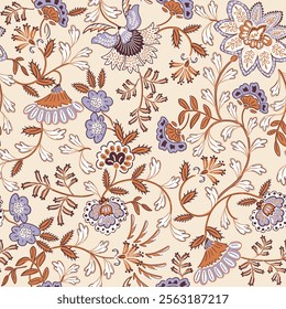 Jacobean floral block print repeat pattern flower pattern,Antique Arabesque Ornament Seamless Pattern, Vintage Charm on sprinjg half  white  background.