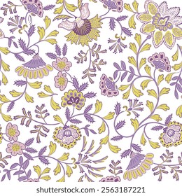 Jacobean floral block print repeat pattern flower pattern,Antique Arabesque Ornament Seamless Pattern, Vintage Charm on summer purple floral  background.