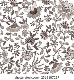 Jacobean floral block print repeat pattern flower pattern,Antique Arabesque Ornament Seamless Pattern, Vintage Charm on brown floral  background.