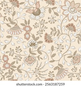 Jacobean floral block print repeat pattern flower pattern,Antique Arabesque Ornament Seamless Pattern, Vintage Charm on spring beige half  white  background.