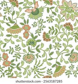 Jacobean floral block print repeat pattern flower pattern,Antique Arabesque Ornament Seamless Pattern, Vintage Charm on summer green with orange floral  background.