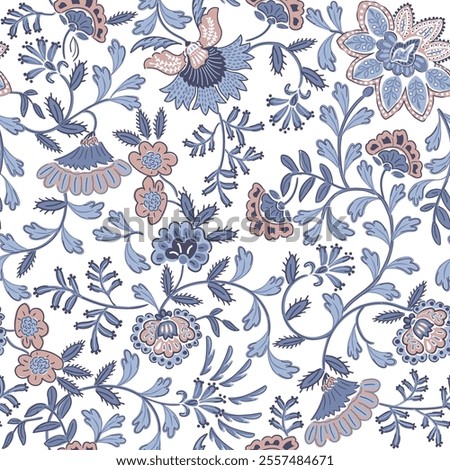 Jacobean floral block print repeat pattern flower pattern,Antique Arabesque Ornament Seamless Pattern, Vintage Charm on summer blue floral  background.