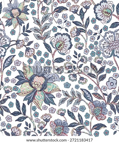 Jacobean floral block print repeat pattern flower pattern,Antique Arabesque Ornament Seamless Pattern, Vintage Charm on summer blue floral  background.