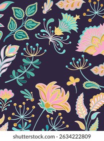 Jacobean Floral Paisley Vertical Poster, Pink Neon Botanical Decorative Traditional Elements Composition. Vector Fantasy Flowers Leaves, Ethnic Ornament for Social Media Background or Wallpaper