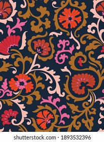 Jacobean flower Print Pattern Seamless vector ,embroidery style, vintage, old, retro style