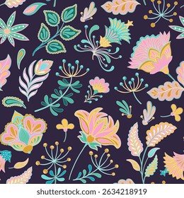 Jacobean Flowers Paisley Seamless Pattern, Contemporary Turquoise Blue Pink Vector Neon Botanical Decorative Folk Plants. Fantasy Florals Ethnic Ornaments Indian or Iranian Textile, Arabic