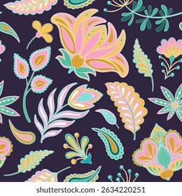 Jacobean Flowers Paisley Seamless Pattern, Contemporary Turquoise Blue Pink Vector Neon Botanical Decorative Folk Plants. Fantasy Florals Ethnic Ornaments Indian or Iranian Textile, Arabic Fabric