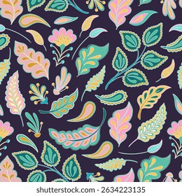 Jacobean Flowers Paisley Seamless Pattern, Contemporary Turquoise Blue Pink Vector Neon Botanical Decorative Folk Plants. Fantasy Florals Ethnic Ornaments Indian or Iranian Textile, Arabic Fabric