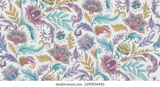 Jacobean flowers pattern. Bright colored embroidery with wild leaves. Seamless fantastic plants. Print for wallpapers, textiles, decor and interior in retro style. Cartoon flat vector illustration