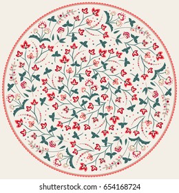Jacobean flowers, round composition. Beautiful collection of summer flowers in circular design. Floral set in circle. Ivory background, thin red frame. Vector illustration.