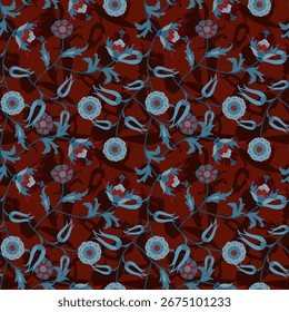  Jacobean Print Pattern Seamless ,Floral seamless pattern ,Red Blue navy flowers Vector clipart. Seamless pattern with stylized exotic flowers, climbing plants. Fashion floral
