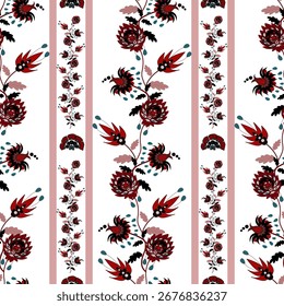 Patrón de impresión jacobea sin fisuras, patrón floral sin fisuras, Clipart de Vector de flores rojas verdes azules. Patrón sin fisuras con flores exóticas estilizadas, plantas trepadoras. Diseño floral de moda