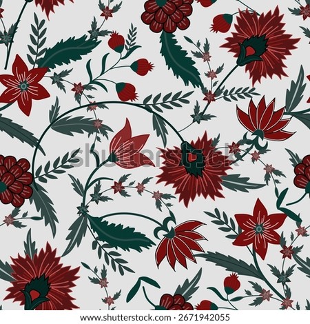 Jacobean Print Pattern Seamless ,Floral seamless pattern ,Dark red flowers Vector clipart. Seamless pattern with stylized exotic flowers, climbing plants. Fashion floral wallpaper, background. Asian 
