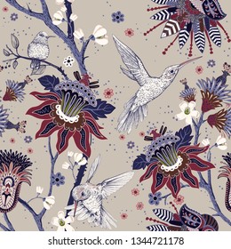 Jacobean seamless pattern. Flowers background, decorative style. Stylized climbing flowers. Decorative ornament backdrop for fabric, textile, wrapping paper, card, invitation, wallpaper, web design