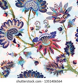 Jacobean seamless pattern. Flowers background, ethnic style. Stylized climbing flowers. Decorative ornament backdrop for fabric, textile, wrapping paper, card, invitation, wallpaper, web design