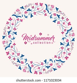Jacobean style flowers, floral wreath frame for invitation template. Vector illustration. Jacobean floral, herbal collection, pink and blue flowers.