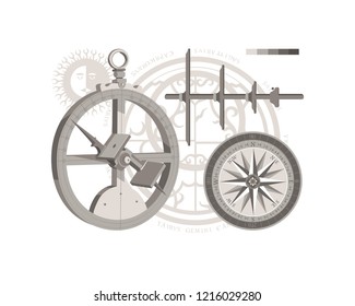 Jacob's Staff.  Wind rose. Quadrant. Navigation device. History of 
inventions. Vintage.
